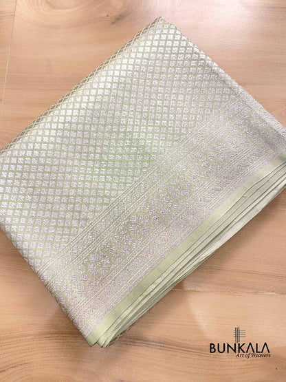 English Light Green Mashru Silk Silver Zari Brocade Weaved Banarasi Saree