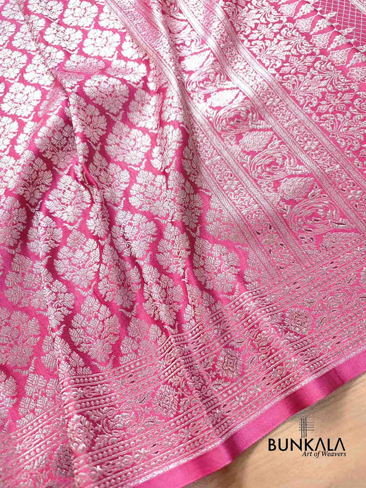 Gajri Pink Mashru Silk Silver Zari Brocade Weaved Banarasi Saree