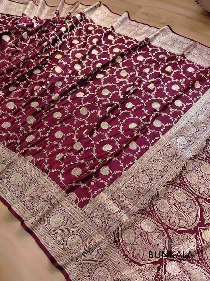 Bridal Dark Maroon Soft Mashru Silk Allover Floral Jaal Design Weaved Banarasi Saree