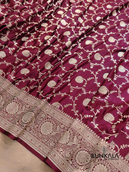 Bridal Dark Maroon Soft Mashru Silk Allover Floral Jaal Design Weaved Banarasi Saree