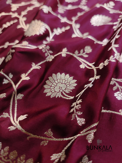 Bridal Dark Maroon Soft Mashru Silk Allover Floral Jaal Design Weaved Banarasi Saree