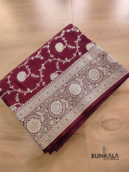 Bridal Dark Maroon Soft Mashru Silk Allover Floral Jaal Design Weaved Banarasi Saree