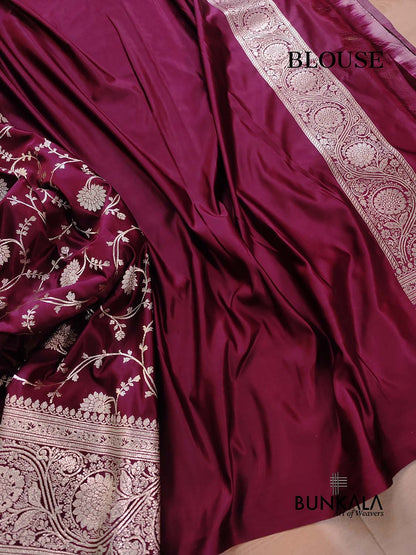 Bridal Dark Maroon Soft Mashru Silk Allover Floral Jaal Design Weaved Banarasi Saree