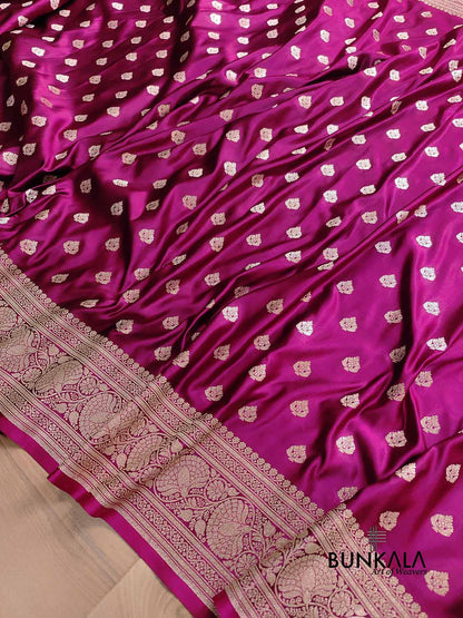 Magenta Pink Soft Mashru Silk Allover Small Buti Weaved Banarasi Saree