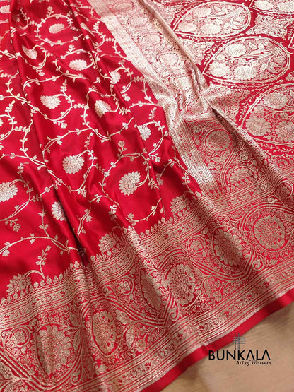 Bright Red Soft Mashru Silk Allover Floral Jaal Design Weaved Banarasi Saree