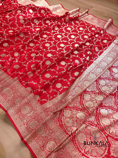 Bright Red Soft Mashru Silk Allover Floral Jaal Design Weaved Banarasi Saree