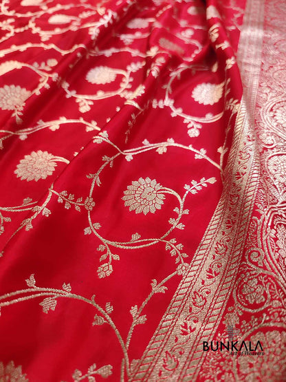 Bright Red Soft Mashru Silk Allover Floral Jaal Design Weaved Banarasi Saree