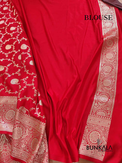 Bright Red Soft Mashru Silk Allover Floral Jaal Design Weaved Banarasi Saree