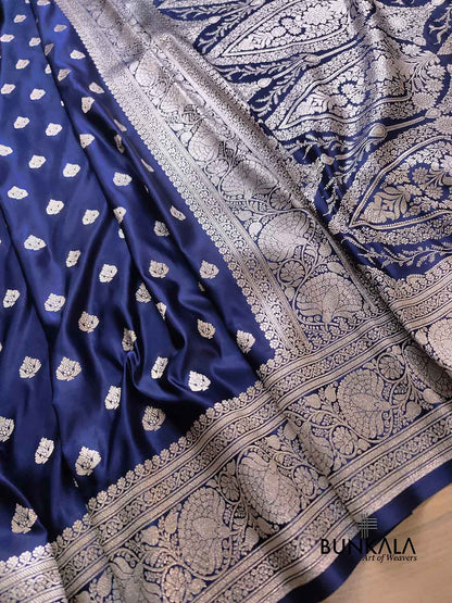 Navy Blue Soft Mashru Silk Allover Small Buti Weaved Banarasi Saree