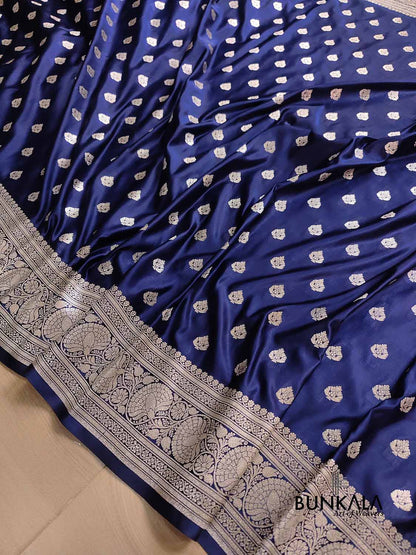 Navy Blue Soft Mashru Silk Allover Small Buti Weaved Banarasi Saree