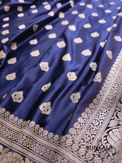 Navy Blue Soft Mashru Silk Allover Small Buti Weaved Banarasi Saree