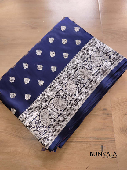 Navy Blue Soft Mashru Silk Allover Small Buti Weaved Banarasi Saree