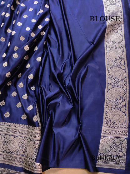 Navy Blue Soft Mashru Silk Allover Small Buti Weaved Banarasi Saree