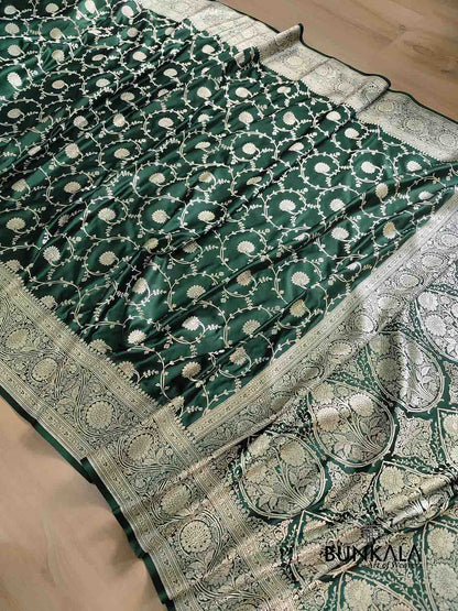 Emerald Green Soft Mashru Silk Allover Floral Jaal Design Weaved Banarasi Saree