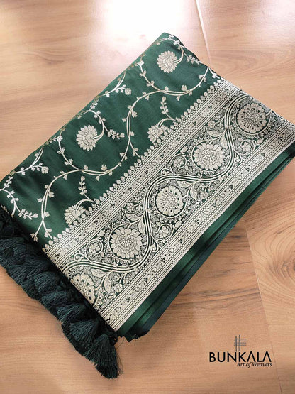 Emerald Green Soft Mashru Silk Allover Floral Jaal Design Weaved Banarasi Saree