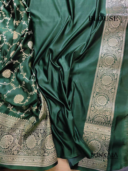 Emerald Green Soft Mashru Silk Allover Floral Jaal Design Weaved Banarasi Saree
