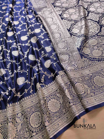 Navy Blue Soft Mashru Silk Allover Floral Jaal Design Weaved Banarasi Saree
