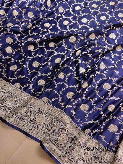Navy Blue Soft Mashru Silk Allover Floral Jaal Design Weaved Banarasi Saree