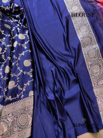 Navy Blue Soft Mashru Silk Allover Floral Jaal Design Weaved Banarasi Saree
