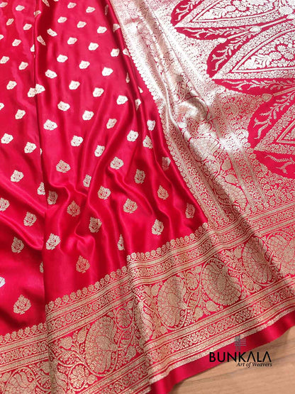 Bright Red Soft Mashru Silk Allover Small Buti Weaved Banarasi Saree