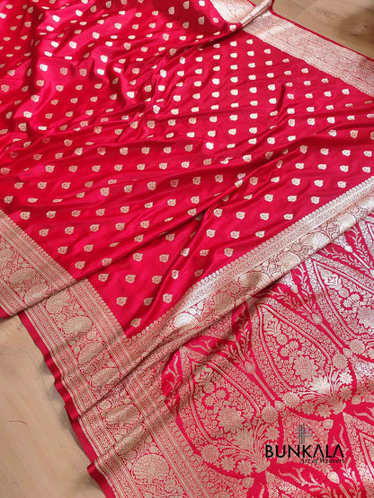 Bright Red Soft Mashru Silk Allover Small Buti Weaved Banarasi Saree
