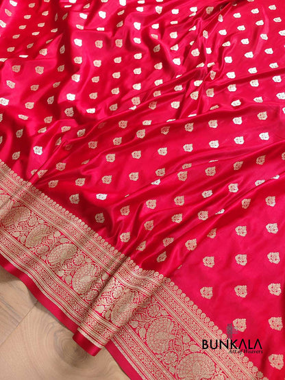Bright Red Soft Mashru Silk Allover Small Buti Weaved Banarasi Saree