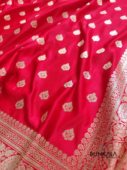 Bright Red Soft Mashru Silk Allover Small Buti Weaved Banarasi Saree