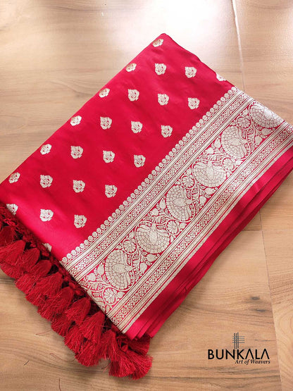Bright Red Soft Mashru Silk Allover Small Buti Weaved Banarasi Saree