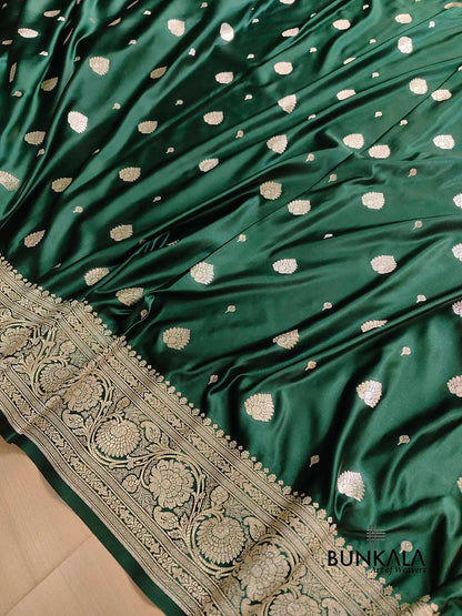 Bottle Green Soft Mashru Silk Allover Small Buti Weaved Banarasi Saree