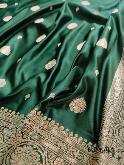Bottle Green Soft Mashru Silk Allover Small Buti Weaved Banarasi Saree