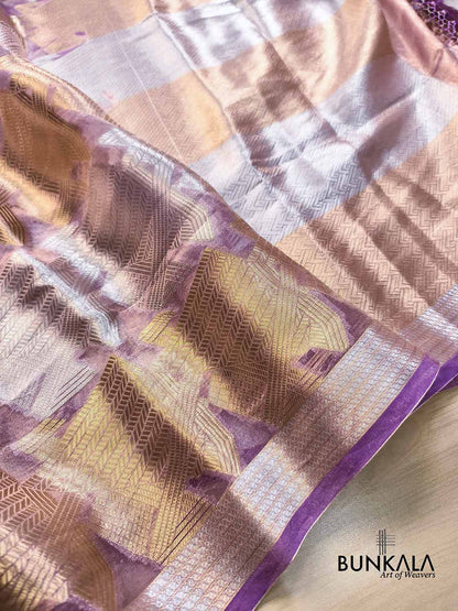Purple Geometrical Pattern Gold & Silver Zari Handloom Banarasi Pure Tissue Saree