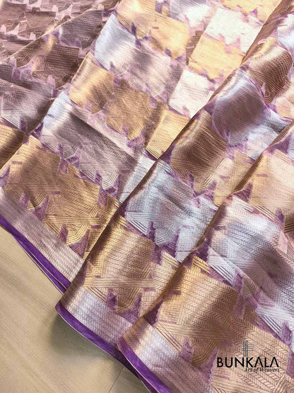 Purple Geometrical Pattern Gold & Silver Zari Handloom Banarasi Pure Tissue Saree