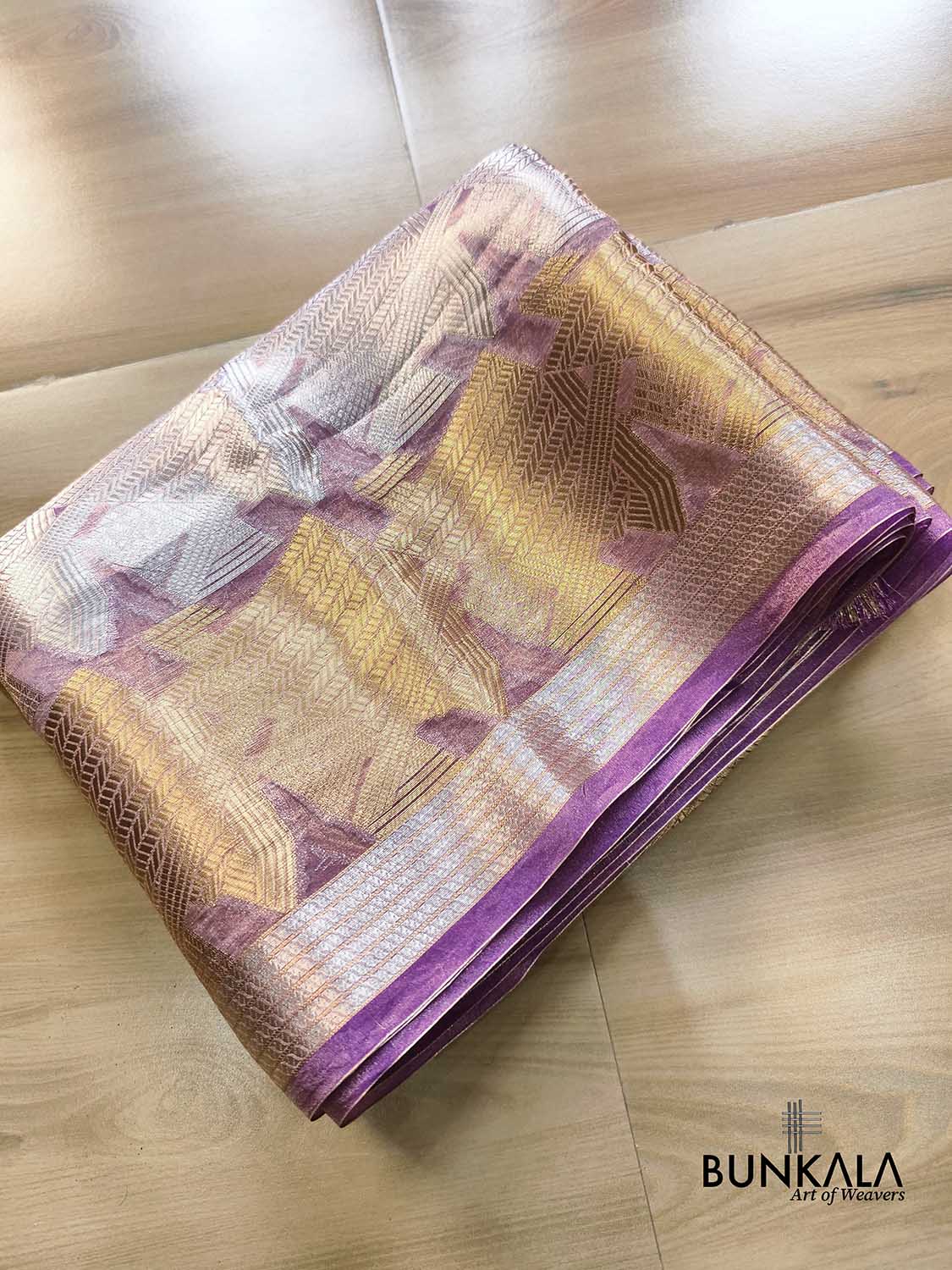 Purple Geometrical Pattern Gold & Silver Zari Handloom Banarasi Pure Tissue Saree