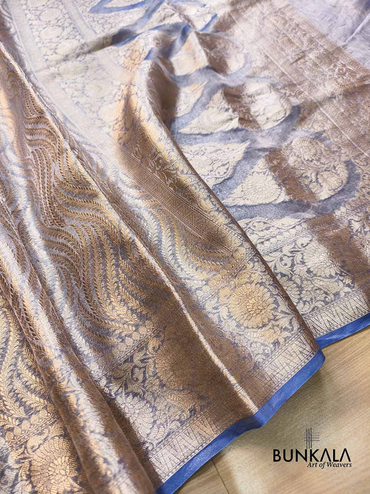 Royal Blue Geometrical Waves Pattern Handloom Banarasi Pure Tissue Saree