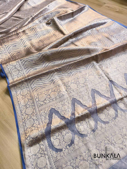 Royal Blue Geometrical Waves Pattern Handloom Banarasi Pure Tissue Saree