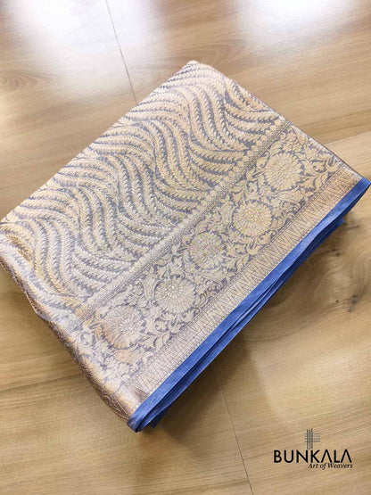 Royal Blue Geometrical Waves Pattern Handloom Banarasi Pure Tissue Saree
