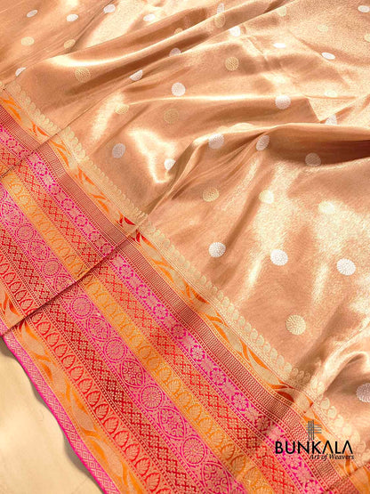 Beige Pure Tissue Katan Silk Kadwa Handweaved Allover Sona Rupa Small Buti with Multicolor Border Banarasi Saree