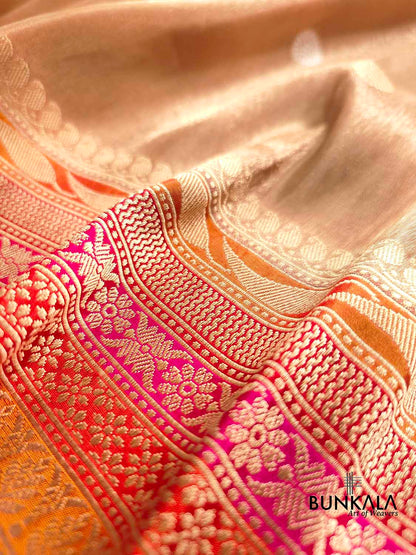 Beige Pure Tissue Katan Silk Kadwa Handweaved Allover Sona Rupa Small Buti with Multicolor Border Banarasi Saree