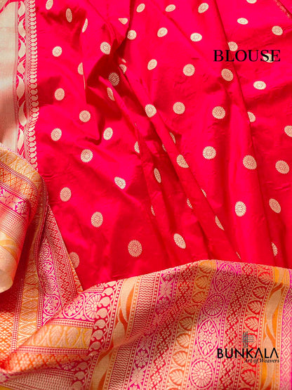 Beige Pure Tissue Katan Silk Kadwa Handweaved Allover Sona Rupa Small Buti with Multicolor Border Banarasi Saree