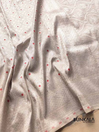 Silver Grey Pure Katan Silk Silver Zari Brocade Meenakari Handloom Banarasi Saree