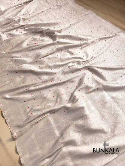 Silver Grey Pure Katan Silk Silver Zari Brocade Meenakari Handloom Banarasi Saree