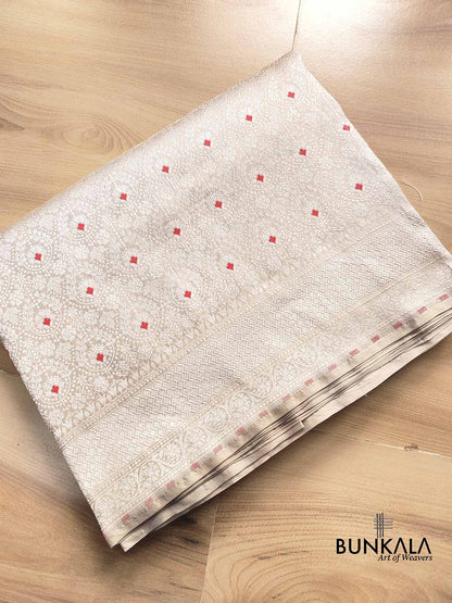 Silver Grey Pure Katan Silk Silver Zari Brocade Meenakari Handloom Banarasi Saree