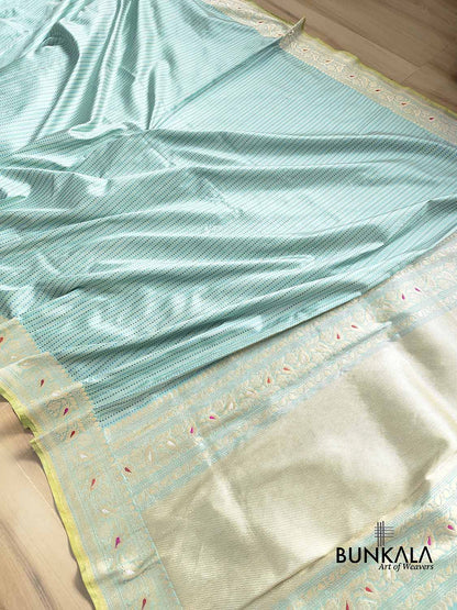 Ice Blue Geometrical Design Resham Tanchui Body Pure Katan Silk Handloom Meenakari Border and Pallu Banarasi Saree
