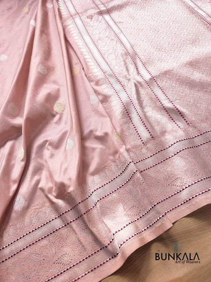 Light Nude Pink Pure Katan Silk Allover Small Gold and Silver Zari Buti Kadwa Handweaved Banarasi Saree