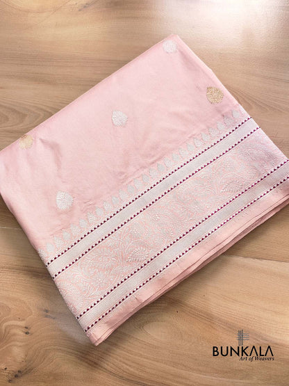 Light Nude Pink Pure Katan Silk Allover Small Gold and Silver Zari Buti Kadwa Handweaved Banarasi Saree