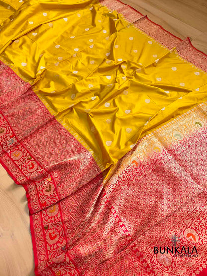 Bright Yellow Pure Katan Silk Double Tana Handloom Banarasi Saree with Red Contrast Meenakari Border