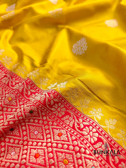 Bright Yellow Pure Katan Silk Double Tana Handloom Banarasi Saree with Red Contrast Meenakari Border