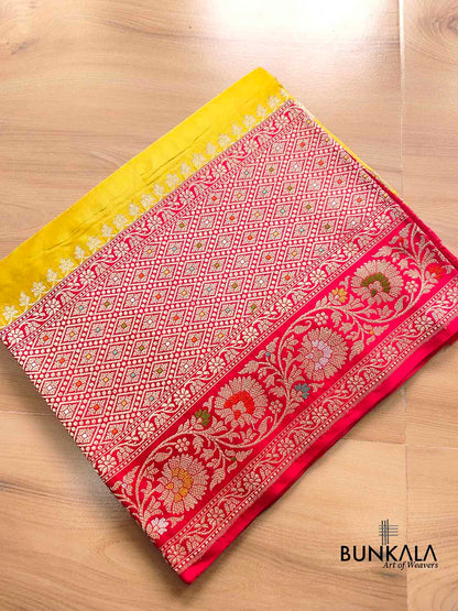 Bright Yellow Pure Katan Silk Double Tana Handloom Banarasi Saree with Red Contrast Meenakari Border