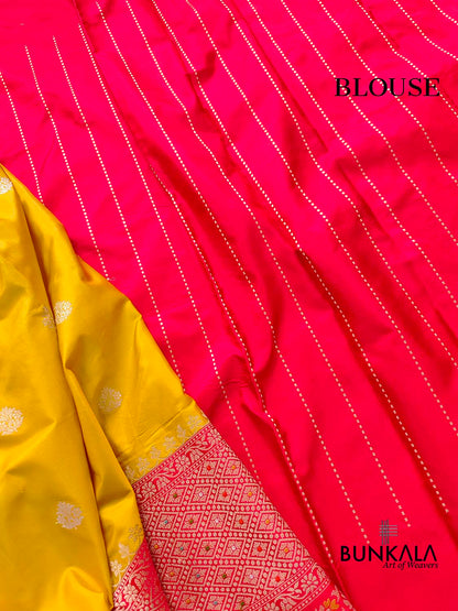 Bright Yellow Pure Katan Silk Double Tana Handloom Banarasi Saree with Red Contrast Meenakari Border