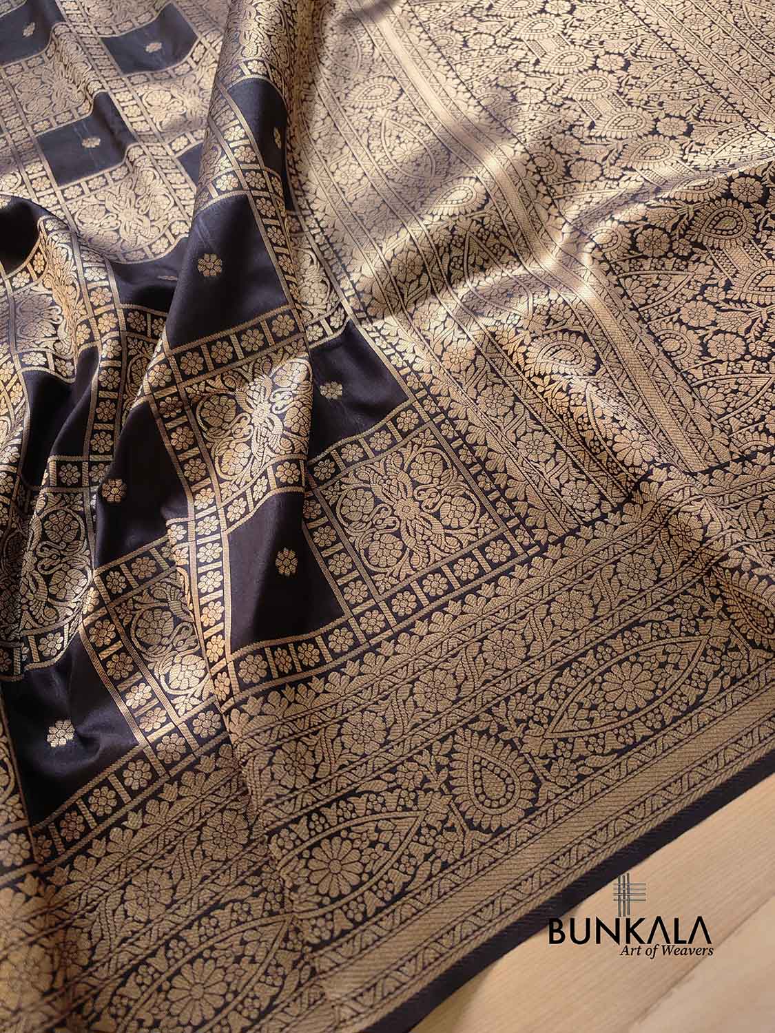Jet Black Geometrical Big Checks Design Silk Banarasi Saree